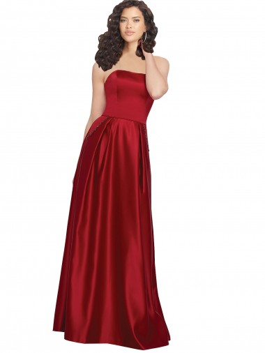 Sem Mangas Sem alças Cetim Vermelho Escuro Comprimento Chão Vestidos de Madrinha / Vestidos de Festa Mais Barato