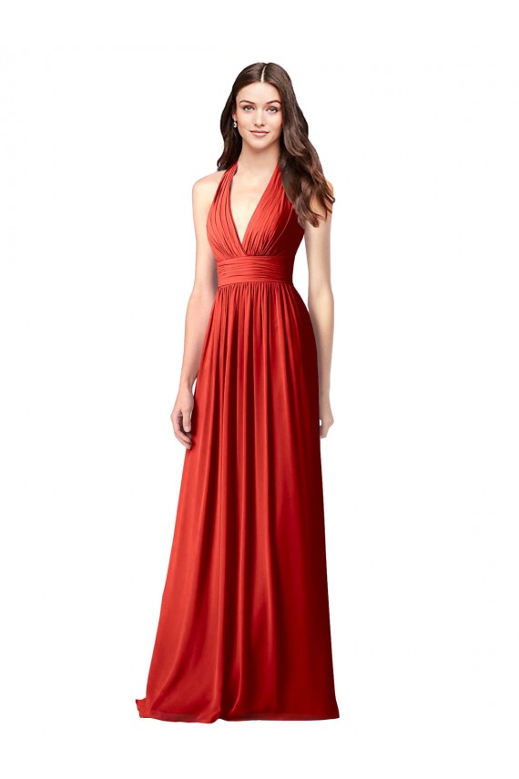 Sem Mangas Decote V Chiffon Vermelho Comprimento Chão Linha A Vestidos de Madrinha Mais Barato