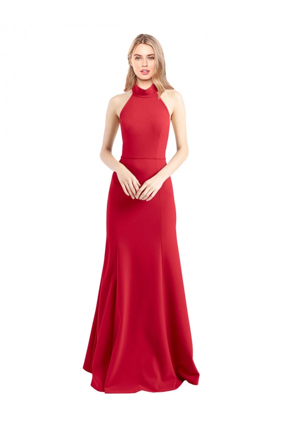 Sem Mangas Decote Alto Crepe Esticado Vermelho Comprimento Chão Longo Vestidos de Madrinha / Vestidos de Noite / Vestidos de Festa Mais Barato
