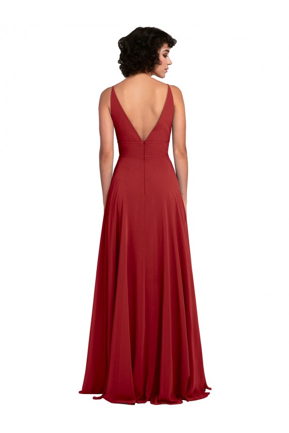 Sem Mangas Decote V Chiffon Vermelho Comprimento Chão Vestido de Madrinha Mais Barato