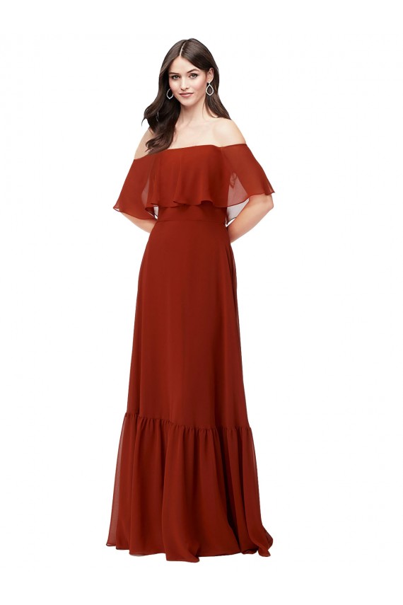 Mangas Esvoaçantes, Mangas Curtas Fora do Ombro Chiffon Vermelho Comprimento Chão Vestidos de Madrinha Mais Barato