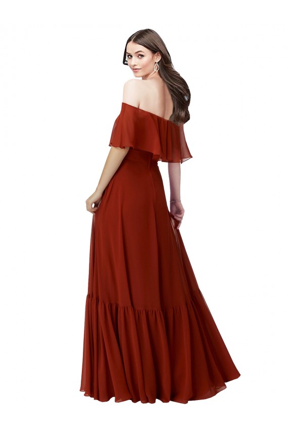 Mangas Esvoaçantes, Mangas Curtas Fora do Ombro Chiffon Vermelho Comprimento Chão Vestidos de Madrinha Mais Barato
