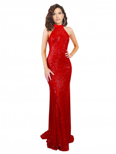 Sem Mangas Decote Alto Lantejoulas Vermelho Comprimento Chão Vestidos de Madrinha / Vestidos de Noite / Vestidos de Festa Mais Barato