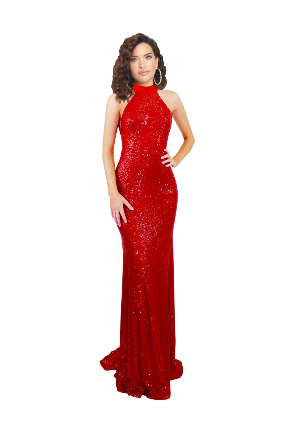 Sem Mangas Decote Alto Lantejoulas Vermelho Comprimento Chão Vestidos de Madrinha / Vestidos de Noite / Vestidos de Festa Mais Barato