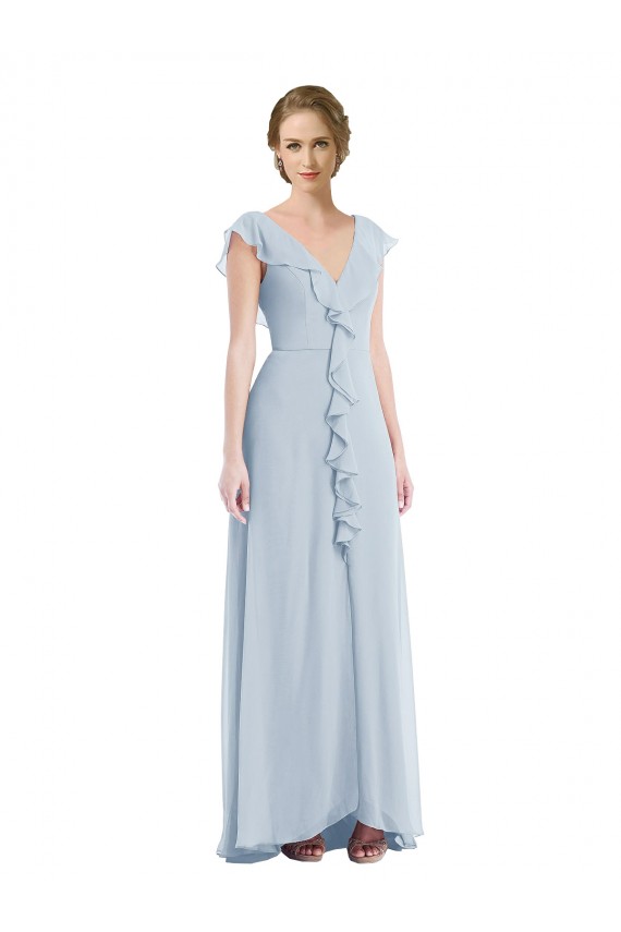 Sem Mangas Decote V Chiffon Vidro Marinho Comprimento Chão Linha A Longo Vestidos de Madrinha Mais Barato