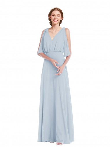 Mangas Divididas Decote V Chiffon Vidro Marinho Comprimento Chão Vestidos de Madrinha Mais Barato