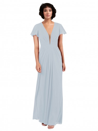 Mangas Esvoaçantes, Mangas Curtas Decote V Chiffon Vidro Marinho Comprimento Chão Vestidos de Madrinha Mais Barato