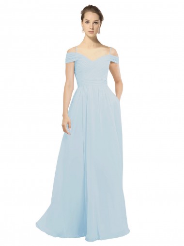 Sem Mangas Fora do Ombro Chiffon Vidro Marinho Comprimento Chão Vestidos de Madrinha / Vestidos de Baile Mais Barato