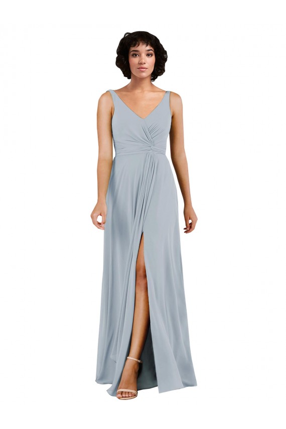 Sem Mangas Decote V Chiffon Vidro Marinho Comprimento Chão Longo Vestidos de Madrinha Mais Barato