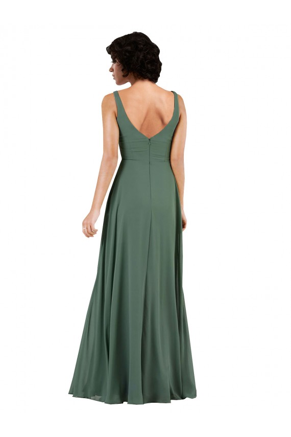 Sem Mangas Decote V Chiffon Vidro Marinho Comprimento Chão Longo Vestidos de Madrinha Mais Barato
