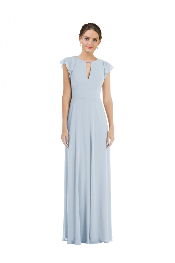 Mangas Esvoaçantes Barco Chiffon Vidro Marinho Comprimento Chão Vestidos de Madrinha / Vestidos de Noite Mais Barato