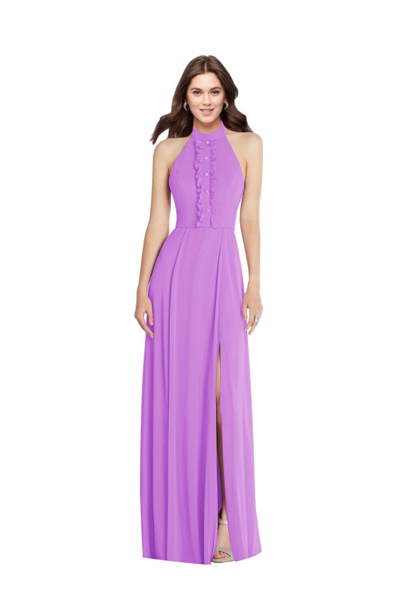 Sem Mangas Cabeçada Chiffon Violeta Comprimento Chão Vestidos de Madrinha / Vestidos de Noite Mais Barato