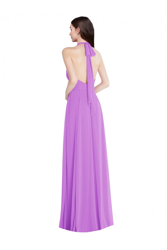 Sem Mangas Cabeçada Chiffon Violeta Comprimento Chão Vestidos de Madrinha / Vestidos de Noite Mais Barato