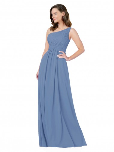 Sem Mangas Um Ombro Chiffon Windsor Azul Comprimento Chão Vestidos de Madrinha Mais Barato
