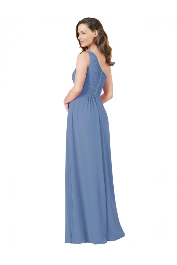 Sem Mangas Um Ombro Chiffon Windsor Azul Comprimento Chão Vestidos de Madrinha Mais Barato