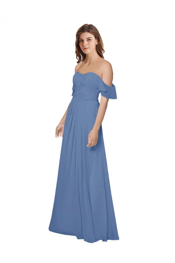 Mangas Esvoaçantes Sem alças Chiffon Windsor Azul Comprimento Chão Vestidos de Madrinha Mais Barato