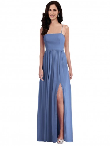 Sem Mangas Alças finas Chiffon Windsor Azul Comprimento Chão Vestidos de Madrinha Mais Barato
