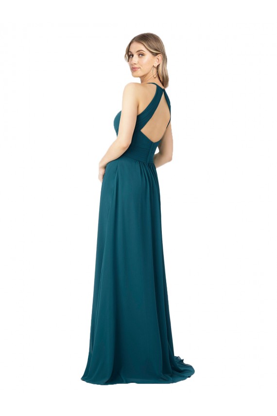 Sem Mangas Decote Alto Chiffon Windsor Azul Comprimento Chão Vestidos de Madrinha Mais Barato