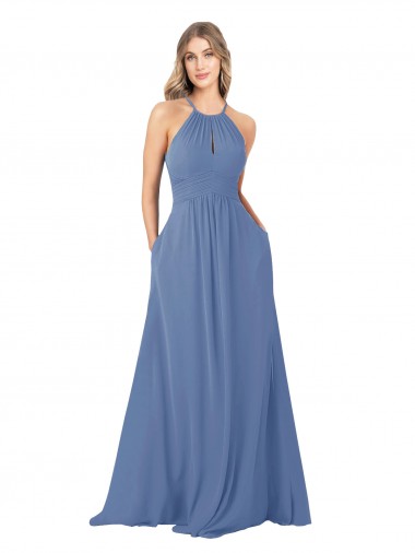 Sem Mangas Decote Alto Chiffon Windsor Azul Comprimento Chão Vestidos de Madrinha Mais Barato