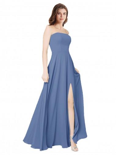 Sem Mangas Sem alças Chiffon Windsor Azul Comprimento Chão Vestidos de Madrinha Mais Barato