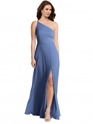 Sem Mangas Um Ombro Chiffon Windsor Azul Comprimento Chão Vestidos de Madrinha / Vestidos de Noite Mais Barato