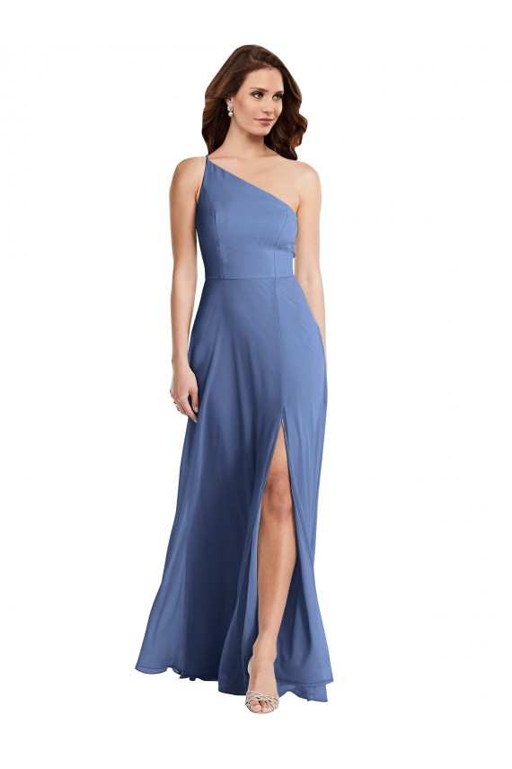 Sem Mangas Um Ombro Chiffon Windsor Azul Comprimento Chão Vestidos de Madrinha / Vestidos de Noite Mais Barato