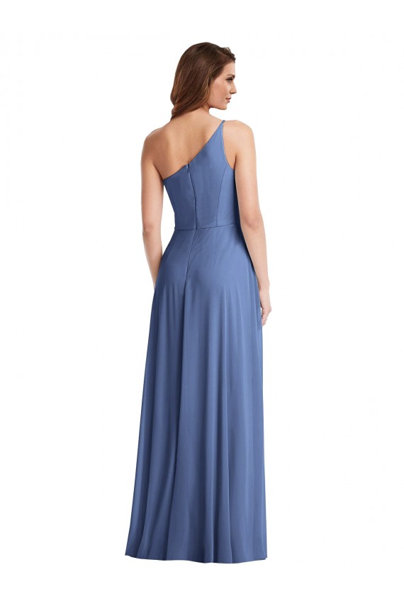Sem Mangas Um Ombro Chiffon Windsor Azul Comprimento Chão Vestidos de Madrinha / Vestidos de Noite Mais Barato